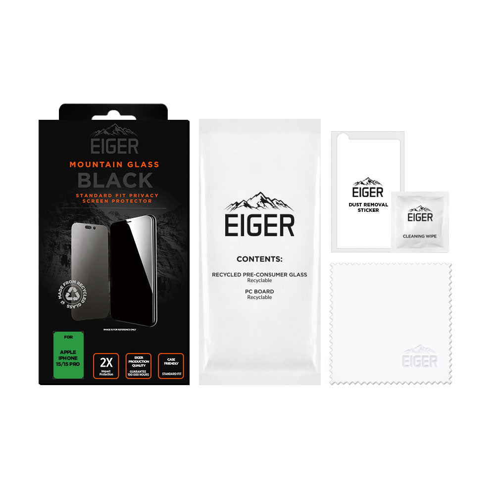 Eiger Mountain Black Privacy Screen Protector 2.5D for Apple iPhone 15 / 15 Pro