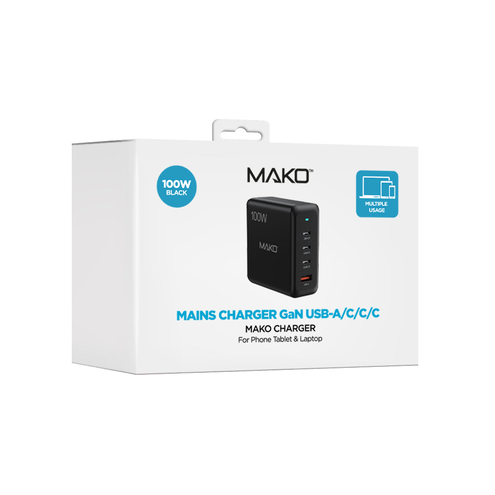 Mako 100W GaN2 UK Mains Charger for USB-C x3/USB-A x1