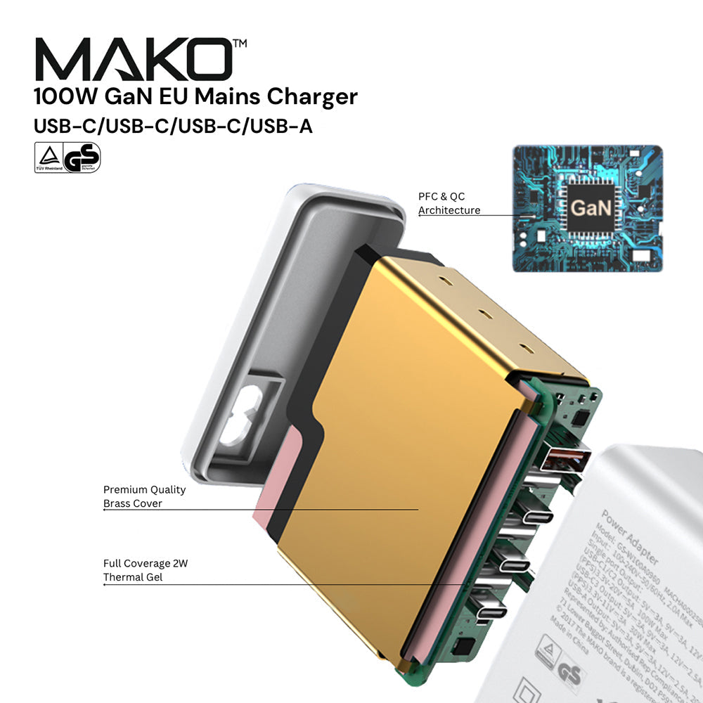 Mako 100W GaN2 UK Mains Charger for USB-C x3/USB-A x1