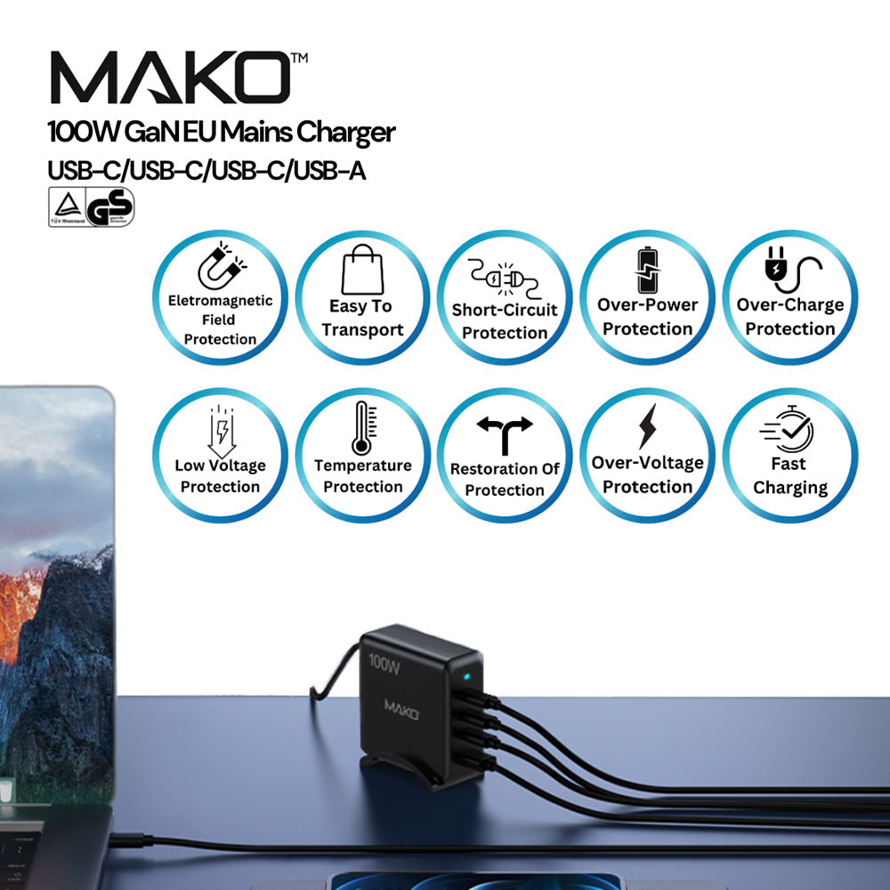 Mako 100W GaN2 UK Mains Charger for USB-C x3/USB-A x1