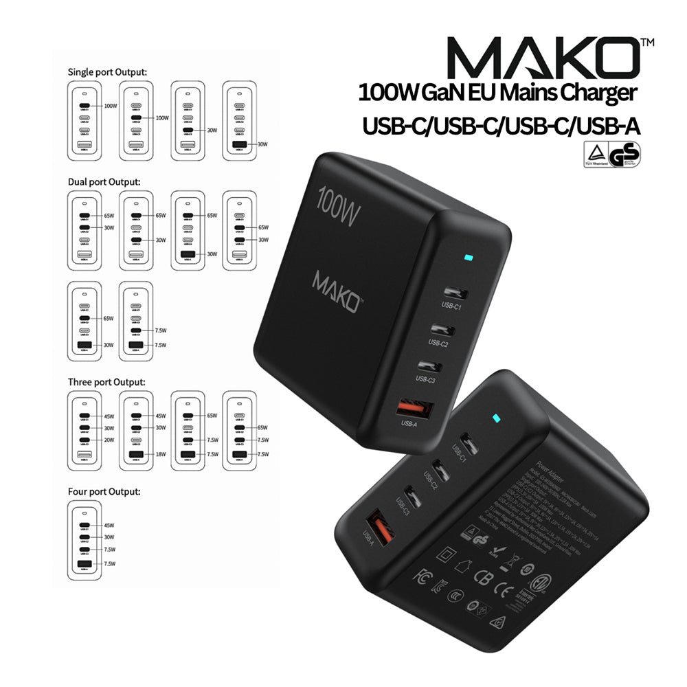 Mako 100W GaN2 UK Mains Charger for USB-C x3/USB-A x1