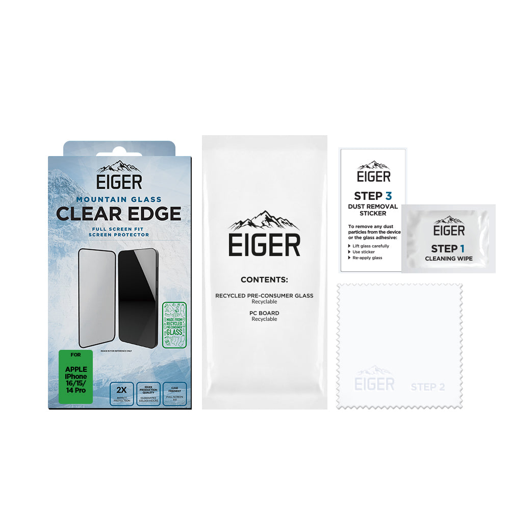 Eiger Mountain Glass CLEAR EDGE GRS Screen Protector for Apple iPhone 16/ 15/ 14 Pro