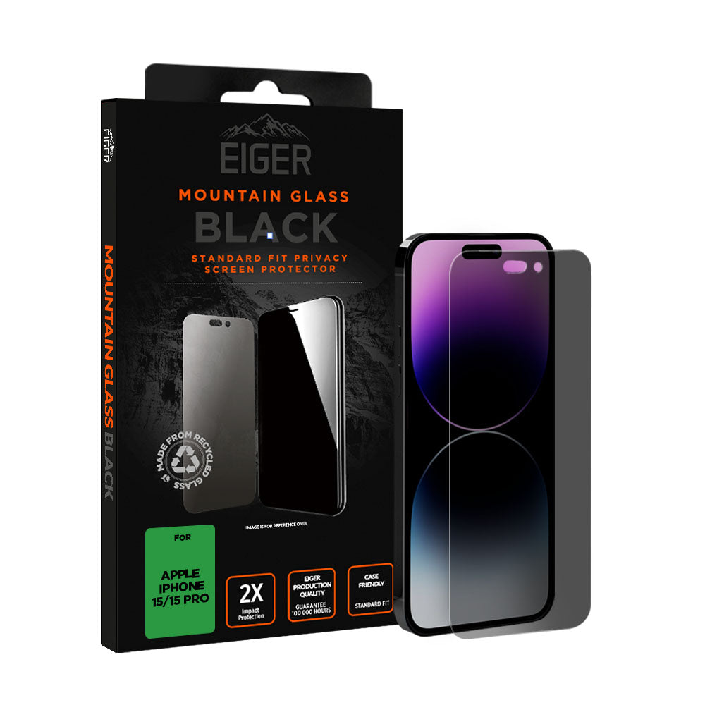 Eiger Mountain Black Privacy Screen Protector 2.5D for Apple iPhone 15 / 15 Pro