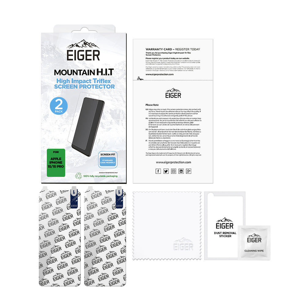Eiger Mountain H.I.T Screen Protector (2 Pack) for Apple iPhone 15 / 15 Pro