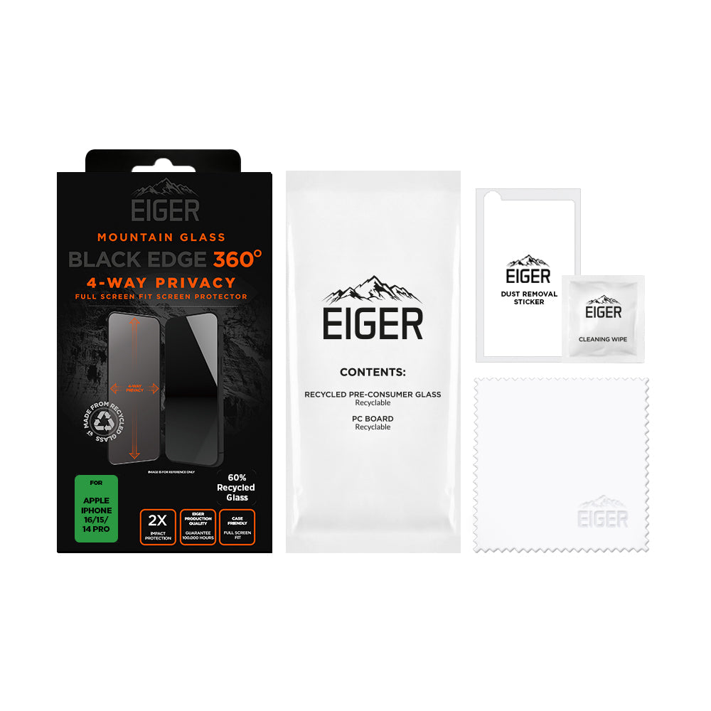Eiger Mountain Black Privacy EDGE 360 Screen Protector GRS for Apple iPhone 16/15/14 Pro