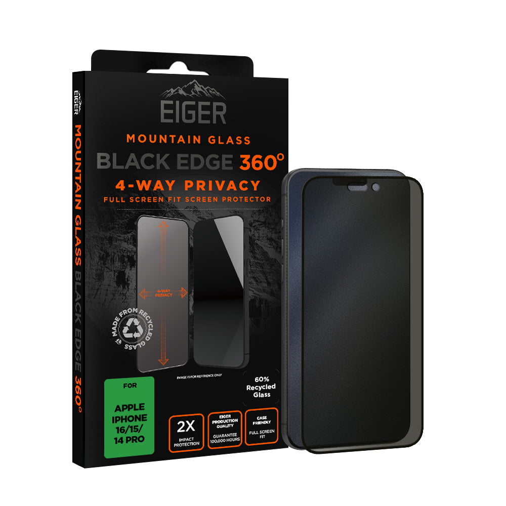 Eiger Mountain Black Privacy EDGE 360 Screen Protector GRS for Apple iPhone 16/15/14 Pro