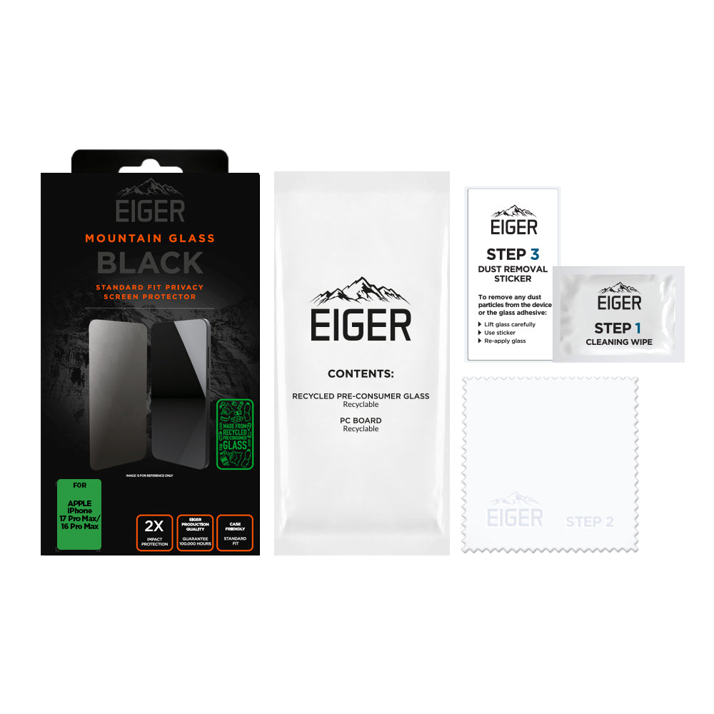 Eiger Mountain Black Privacy Screen Protector GRS for Apple iPhone 17 Pro Max/ 16 Pro Max